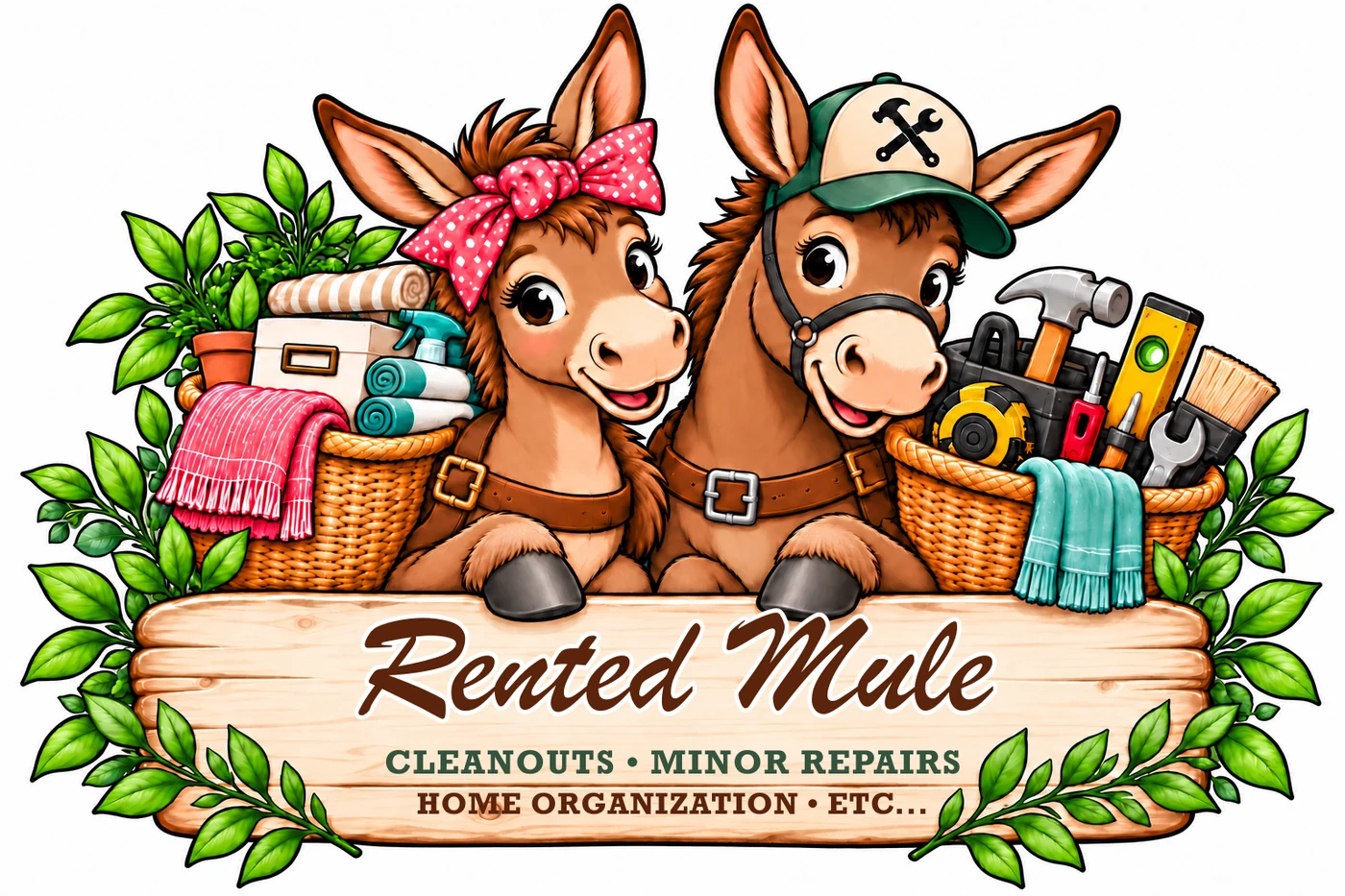 Rented Mule mascots with cleaning and repair supplies
